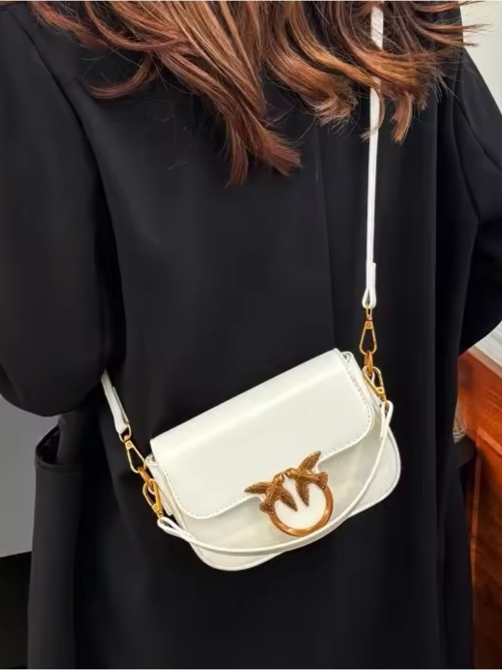 New designer inspired White Crossbody Bag with Gold Bird Emblem